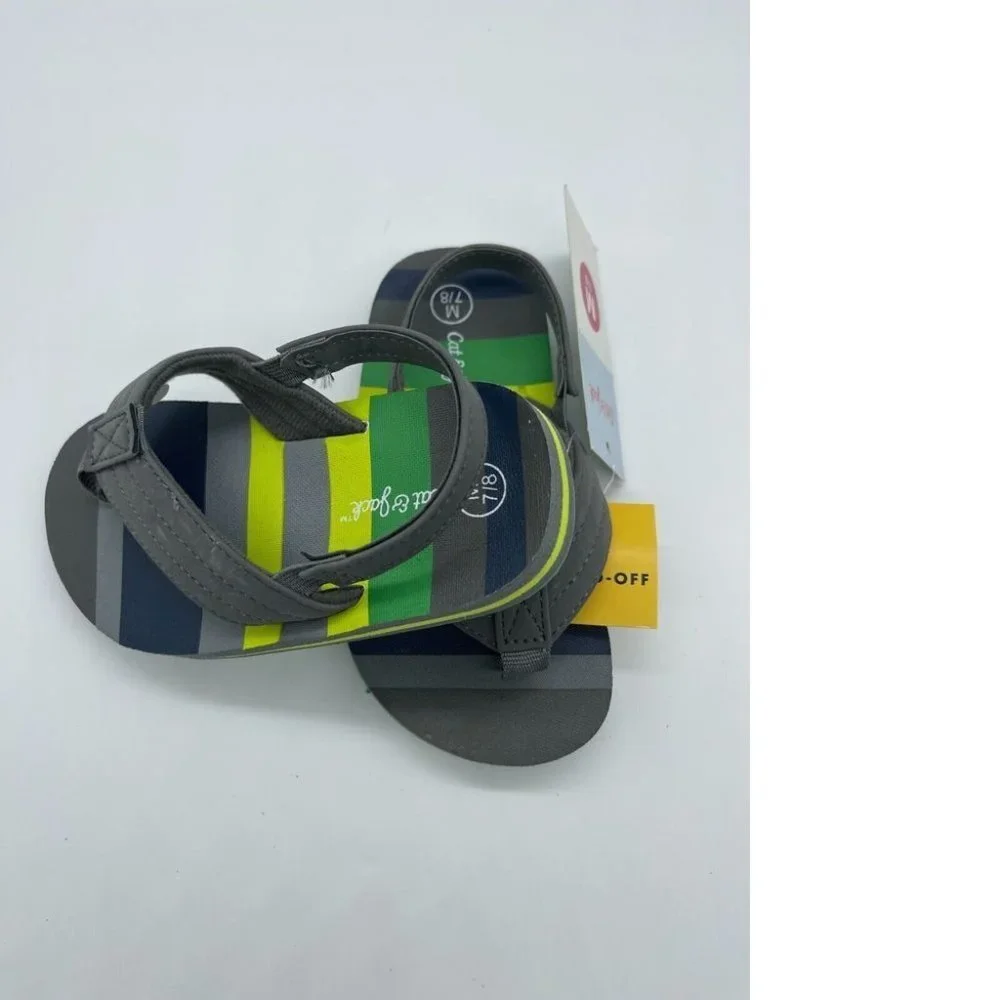 Cat & Jack Ash Flip Flop Sandals Green/Gray Stripe L 9-10 - Picture 7 of 8